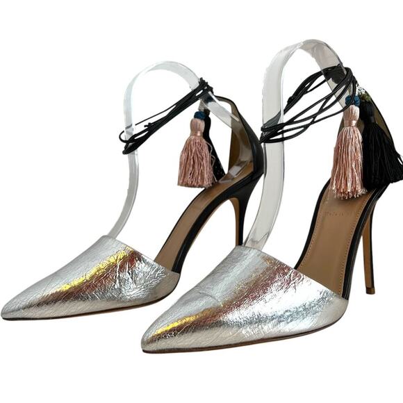 J. CREW Roxie Ankle Tie Tassel Pumps in Silver, Black, and Pink Women's Size 8 - Picture 6 of 16